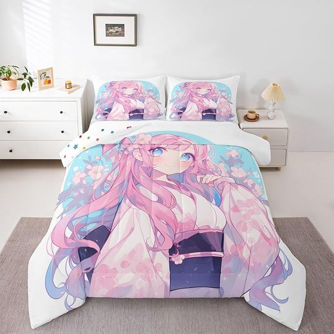 Erosebridal Girls Bedding Japanese Style Comforter Set Twin, 3D Anime Girl Duvet Insert Cartoon Kawaii Kimono Girl Bedding Comforter Sets Romantic Gifts for Her