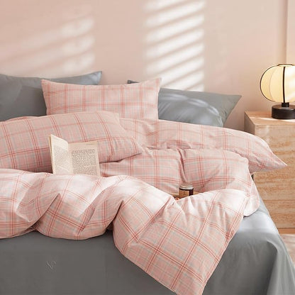 EAVD Pink Grey Grid Plaid Duvet Cover King Washed Cotton Bedding Set 3 Pieces Modern Farmhouse Gingham Duvet Cover with 2 Pillowcases Reversible Grid Checkered Bedding Set with Zipper Closure