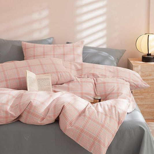 EAVD Pink Gingham Comforter Set Twin XL Soft Fluffy Pink Plaid Comforter Set 3 Pieces Modern Grid Checkered Pattern Bedding Set for All-Season Farmhouse Gingham Bedding Set for Boy Women Men