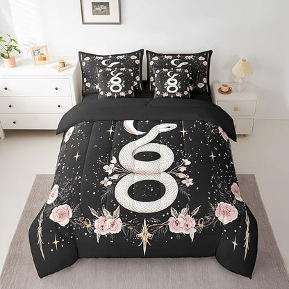 jejeloiu Boho Snake Bedding Set 7Pcs Twin Size Kids Bohemian Comforter Set with Sheets for Boys Girls Flower Floral Bed in a Bag Soft Lightweight,Microfiber