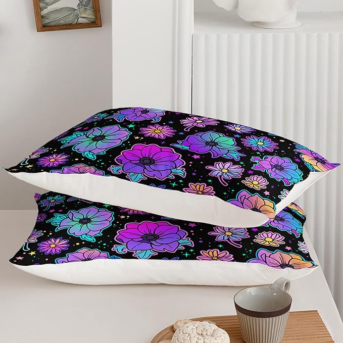 Axolotl Neon Floral Bedding Set Twin,Gradient Floral Comforter Set for Girls,Colorful Flower Bedding Set Stars,Galaxy Series Comforter for Kids Boys Girls Teens Adults,1 Quilt 2 Pillowcases,Black