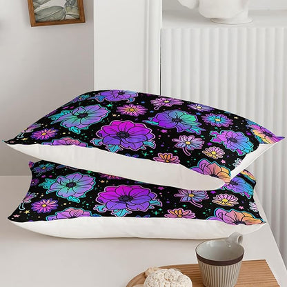 Axolotl Neon Floral Bedding Set Twin,Gradient Floral Comforter Set for Girls,Colorful Flower Bedding Set Stars,Galaxy Series Comforter for Kids Boys Girls Teens Adults,1 Quilt 2 Pillowcases,Black