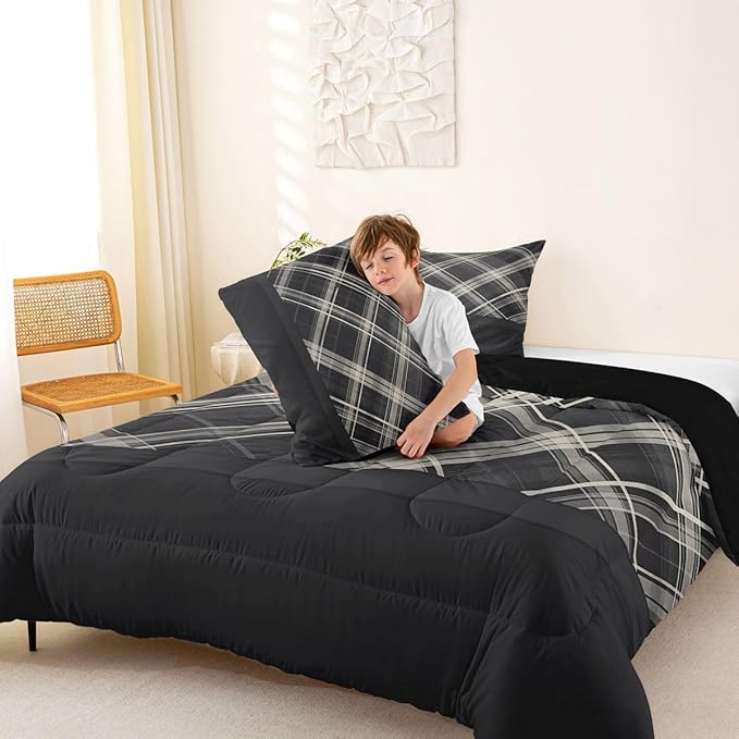 Erosebridal Grey Plaid Comforter Sets Queen,Grey Printed and Spliced Plaid Herringbone Bedding Set for Adult,Farmhouse Grey Quilt Set,Modern Simple Lattice Duvet Insert with 2 Pillowcases Lightweight