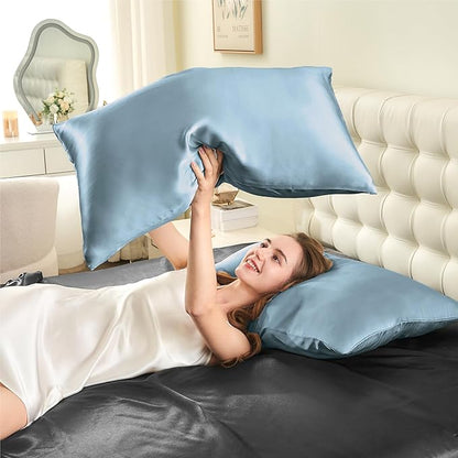 INFIIXSO Silk Pillow Cases 2 Pack Standard Size, Ultra Smooth & Soft Mulberry Silk Pillow Case for Hair and Skin, Breathable Cooling Silk Pillowcase with Hidden Zipper (Airy Blue, 20x26 Inches)