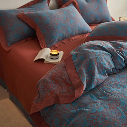 VM VOUGEMARKET Blue Red Duvet Cover Queen,3 Pieces Retro Jacquard Forest Theme Tree Leaves Bedding Set,Linen Cotton Yarn-Dyed Textured Duvet Cover with Zipper Closure