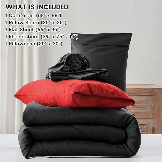 Anluoer Black and Red Twin Comforter Set 5 Pieces, Bed in a Bag with Sheets, All Season Bedding Sets with 1 Comforter, 1 Pillow Sham, 1 Pillowcase, 1 Flat Sheet, 1 Fitted Sheet
