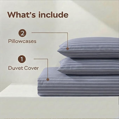 Bedbay Grey Striped Duvet Cover Set King Size, 100% Cotton Sateen Bedding Set, Modern Minimalist Hotel Style 3 Piece Duvet Cover, Soft Breathable All-Season Bedding