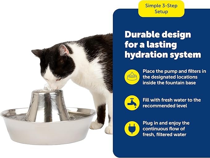 PetSafe Seaside Stainless Cat & Dog Fountain, 60 oz, 2 Filters & Pump | 60 Oz Capacity, 360-Degree Flow, Triple-Filter with 2.5x More Activated Carbon, Scratch/Rust-Resistant Stainless Steel