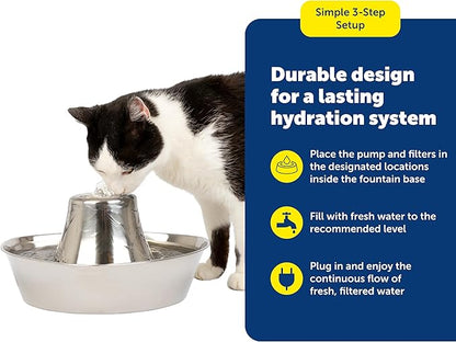 PetSafe Seaside Stainless Cat & Dog Fountain, 60 oz, 2 Filters & Pump | 60 Oz Capacity, 360-Degree Flow, Triple-Filter with 2.5x More Activated Carbon, Scratch/Rust-Resistant Stainless Steel