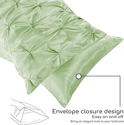 MR&HM Satin Comforter Queen 7 Pieces - Luxurious Pinch Pleat Bedding Set with Comforter, Flat Sheet, Fitted Sheet, Pillowcases & Shams, Super Silky Soft Bed Set for All Season (Queen, Light Sage)