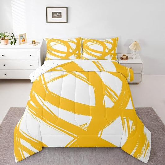 Erosebridal Yellow and White Striped King Bedding Set for Kids Teens Adults, Geometric Striped Comforter Set for Minimalists,Graffiti Aesthetic Lines Duvet Insert,Contemporary Boho Modern Art Quilt