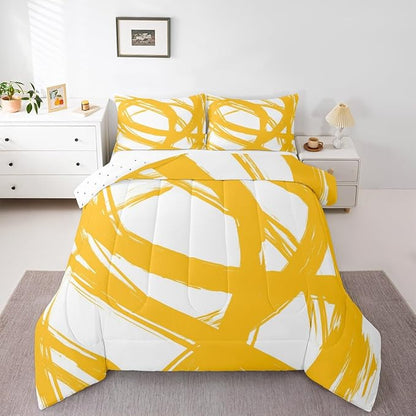 Erosebridal Yellow and White Abstarct Toddler Bedding Set,Aesthetic Geometric Comforter Set for Minimalists,Graffiti Stripes Lines Quilt,Contemporary Boho Modern Art Duvet Insert for Minimalism