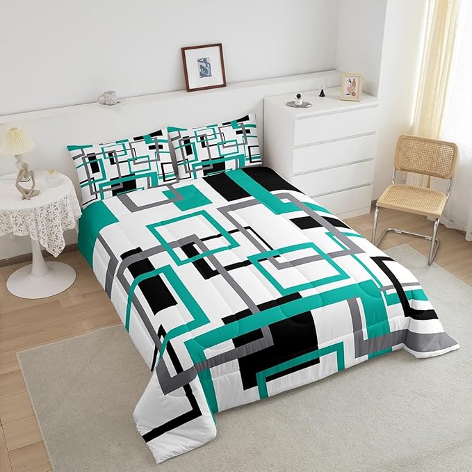 Erosebridal Square Comforter Set for Teens Youth,Black White Blue Bedding Set,Geometric Quilt Set Modern Bedroom Decor,Mid Century Grid Duvet Insert with 1 Pillowcase Lightweight Warm,Twin