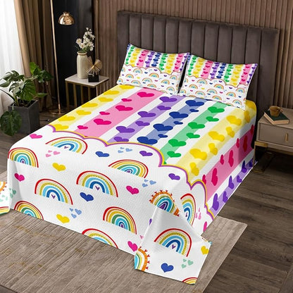 Manfei Cute Rainbow Kids Bedspread Queen Size,Watercolor Love Heart Dreamy Coverlet Set,Girls Women Room Decor,Colorful Geometric Stripes Patchwork Quilted Coverlet,Chic Bedding Quilt,2 Pillowcases