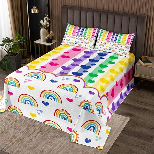 Manfei Cute Rainbow Kids Bedspread Queen Size,Watercolor Love Heart Dreamy Coverlet Set,Girls Women Room Decor,Colorful Geometric Stripes Patchwork Quilted Coverlet,Chic Bedding Quilt,2 Pillowcases