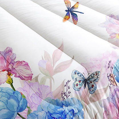 Blue and Pink Flower Comforter Set Twin Dragonfly Butterfly Bedding Sets 3PCS for Kids Teen Adult Floral Room Decor Ultra-Soft Lightweight Microfiber 1 Comforter with 2 Pillowcases