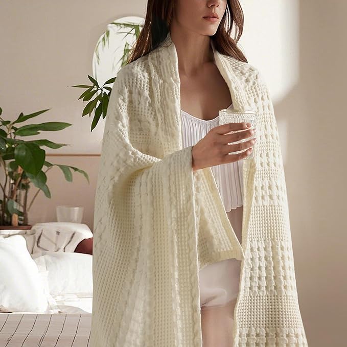 PHF 100% Cotton Waffle Weave Throw Blanket, Soft Lightweight Breathable Cozy Throws for Couch Bed Sofa, Luxury Aesthetic Blanket Gift for Home Decor & Office, 50"x60", Cannoli Cream