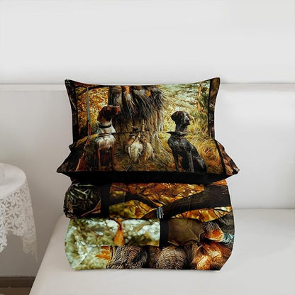 Erosebridal Pheasant Hunting Comforter Set Queen Size Black Dog Bedding Set Boho Farmhouse Wild Animals Down Comforter Woodland Leaves Hunter Gun Room Decor Quilt Set for Men Boys Adults Kid