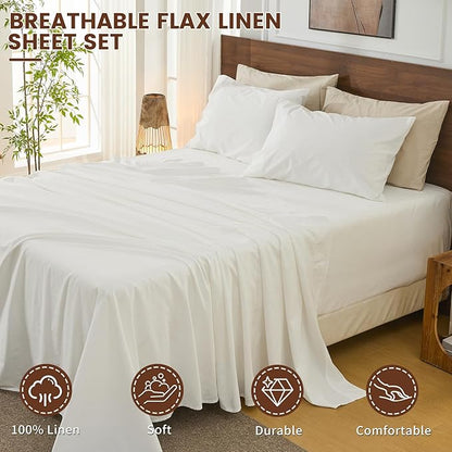 Bedlifes 100% French Linen Sheets King Size 18-24”Extra Deep Pocket 4-Piece Set Breathable & Moisture-Wicking,Soft & Durable Sheets for Thick Mattresses(White)