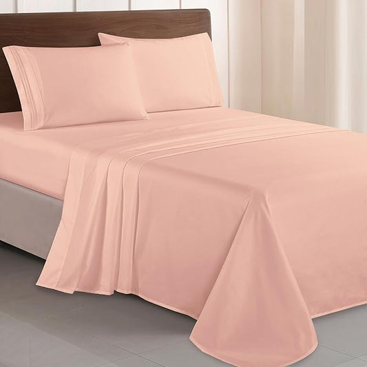Elegant Comfort Luxurious 1500 Premium Hotel Quality Microfiber Three Line Embroidered Softest 4-Piece Bed Sheet Set, Wrinkle and Fade Resistant, Twin/Twin XL, Blush Pink