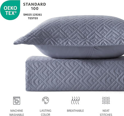 EXQ Home Quilt Set Twin Size Blue 2 Piece,Lightweight Soft Coverlet Modern Style Squares Pattern Bedspread Set for All Season(1 Quilt,1 Pillow Sham)