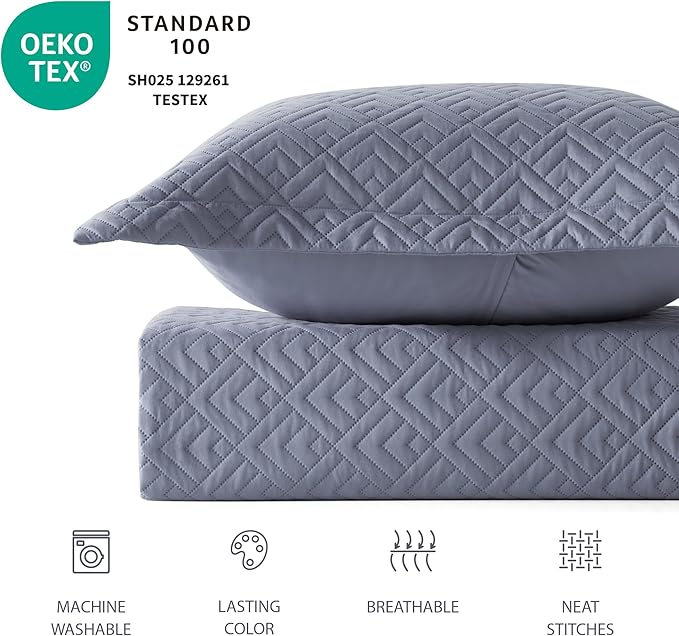 EXQ Home Quilt Set Full/Queen Size Blue 3 Piece,Lightweight Soft Coverlet Modern Style Squares Pattern Bedspread Set for All Season(1 Quilt,2 Pillow Shams)