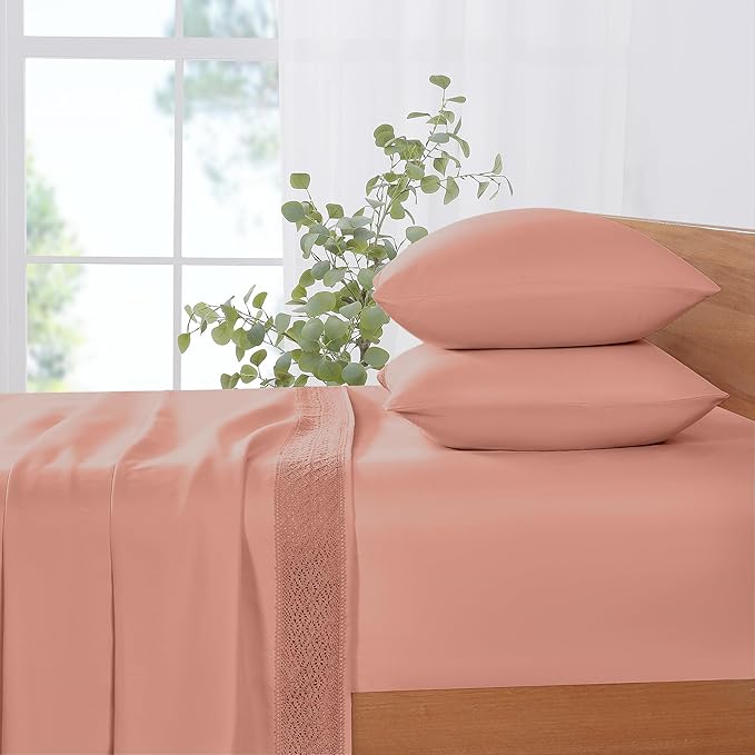 Modern Threads 4 Piece Microfiber Sheet Set – Soft Cooling Bed Sheets with Crochet Lace – Deep Pocket, Wrinkle Free, Breathable, Hotel Luxury Bedding, Rose Pink, Full