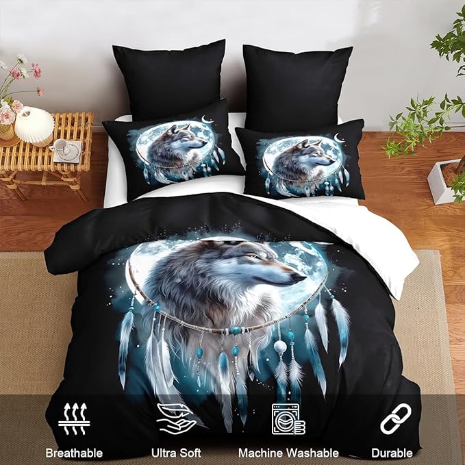 Wolf Comforter Set King Size, Wolves Moon Bedding Set, Dream Catcher & Animal Pattern on Black Bedding, Western Boho Tribal Comforter Soft Microfiber Down Quilt 3 Pieces