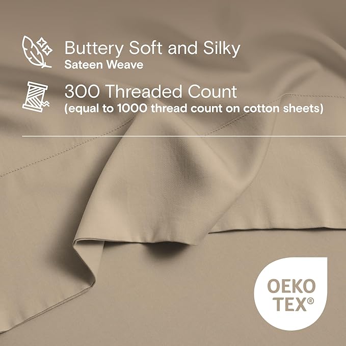 DOZ Sheet Set, 100% Viscose derived from Bamboo, Organically Grown, Buttery Soft, Cooling Sheets, High GSM, Deep Pockets - 3 Piece - 1 Pillowcase 1 Fitted Sheet 1 Top Sheet (Dune, Twin)