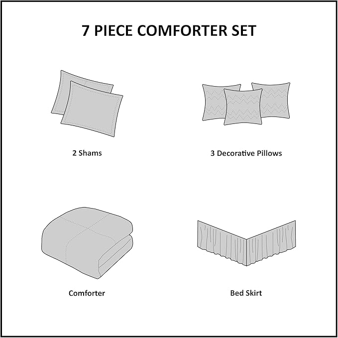 Madison Park Ridge Comforter Set-Cabin Lodge Plaid Herringbone Design All Season Down Alternative Cozy Bedding with Matching Bedskirt, Shams, Decorative Pillow, Queen(90"x90"), Neutral 7 Piece