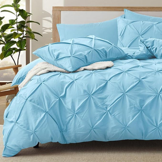 VACVELT 5 Piece Pinch Pleated Duvet Cover Full/Queen Size Set, Light Blue Pintuck Duvet Cover with Zipper & 8 Ties, Shabby Chic Microfiber Duvet Cover + 2 Pillow Shams + 2 Pillowcases, No Comforter