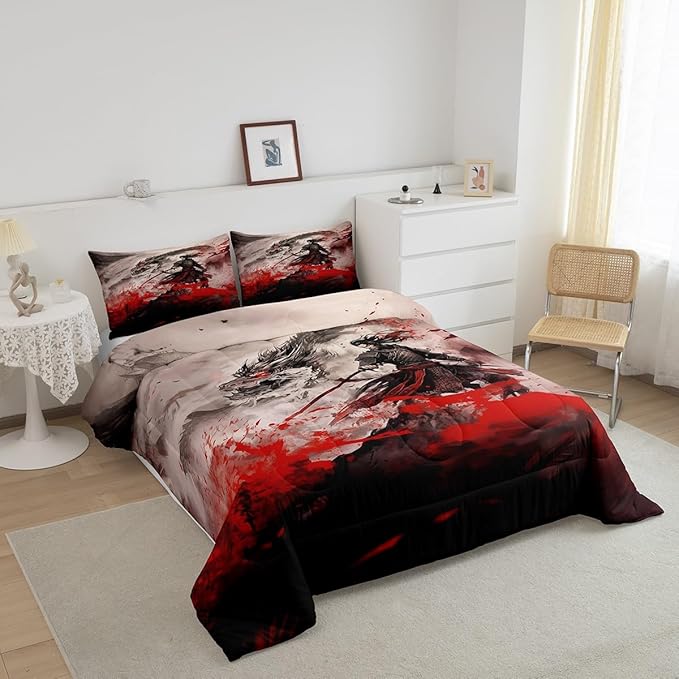 Dragon Comforter Set Full Size,Japanese Samurai Bedding Set Kids Boys Teens Men Home Decor Magical Animals 3D Dragon Quilt Set,Western Wildlife Theme Black Red Ink Style Duvet Insert,2 Pillowcases