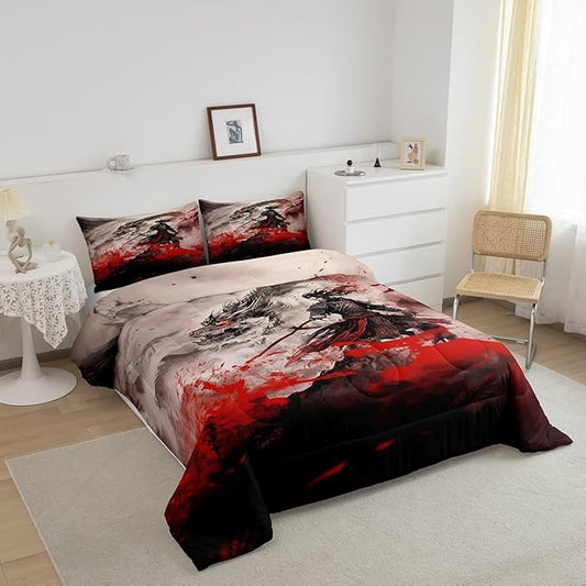 Dragon Comforter Set King Size,Japanese Samurai Bedding Set Kids Boys Teens Men Room Decor Magical Animals 3D Dragon Quilt Set,Western Wildlife Theme Black Red Ink Style Duvet Insert,2 Pillowcases