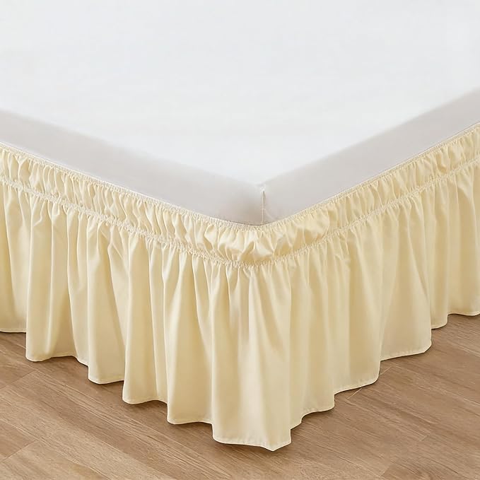 RIMELA Butter Yellow Bed Skirt King Size 15 Inch Drop, Elastic Bed Skirting for Bed Base and Frame, Lightweight Wrap Around Adjustable Bedskirt, Bedding Dust Ruffle Easy to Install
