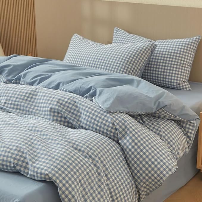 Nayoroom Blue Gingham Duvet Cover Queen Size 100% Washed Cotton Duvet Cover 3 Pieces Soft Breathable Yarn-Dyed Plaid Checkered Girls Dorm Bedding Set for All Seasons