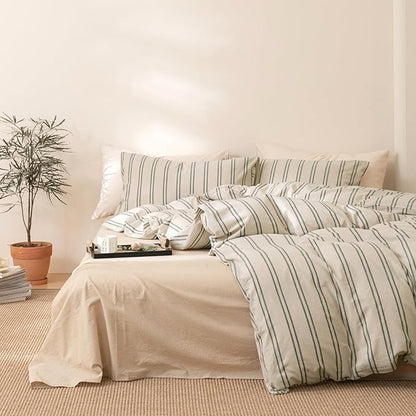VM VOUGEMARKET Greyish-Green Striped Comforter Set Queen Modern Comforter with 2 Pillowcases Soft Lightweight Washed Cotton Bedding Set Bed in a Bag Queen Comforter Set for Teens Adults