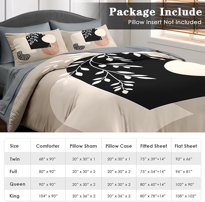Comforter Set Queen Size, Boho Summer Vintage 7 Pcs Bedding for Kids and Adults, Bohemian Sun Earth Geometric Bed Sheet Sets with Fitted Sheet 2 Pillowcase & 2 Sham for Bedroom Bed Decor