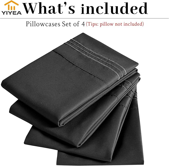 YIYEA Pillow Cases Standard Size Set of 4, Ultra Soft 1800TC Hotel Quality Double Brushed Microfiber Embroidered Pillowcases, Envelope Closure, Fade Resistant (20"x26", Black)