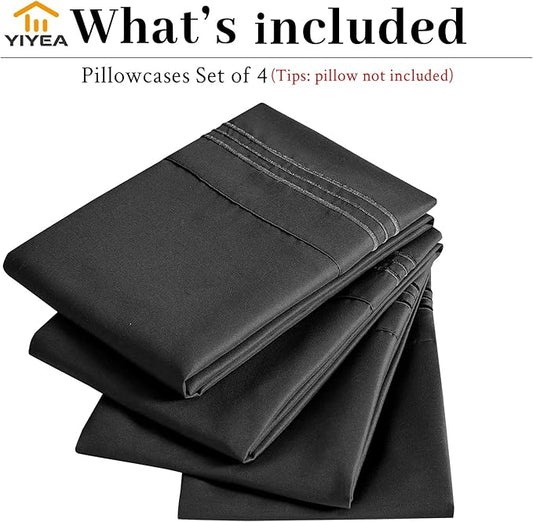 YIYEA King Pillow Cases Set of 4, Ultra Soft 1800TC Hotel Quality Double Brushed Microfiber Embroidered Pillowcases, Envelope Closure, Fade Resistant (20"x36", Black)