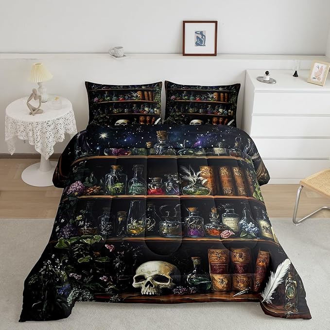Sugar Skull Comforter Set King Size,Retro Wooden Bookshelf Bedding Set 3Pcs for Kids Teens Girls Boys Room Decor,Magical Gothic Style Quilted Duvet Boho Floral Down Comforter,2 Pillowcases