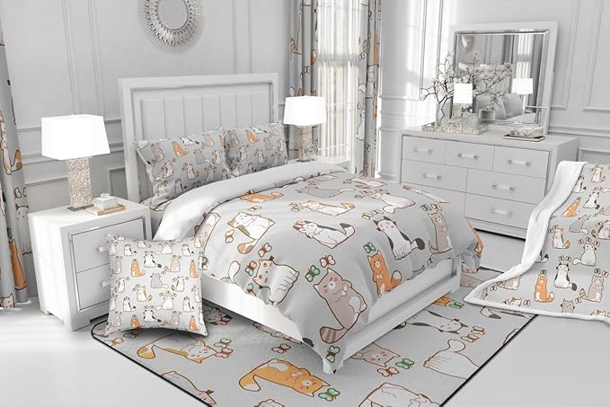 Cartoon Cat Bedding Set King For Kids Boys Girls, Butterfly Decor Comforter Room Decor, Kawaii Animal Kitten Duvet Set Cute Pet Theme Down Comforter, White Gray Orange Garfield Bedding Comforter Sets