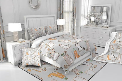 Cartoon Cat Bedding Set King For Kids Boys Girls, Butterfly Decor Comforter Room Decor, Kawaii Animal Kitten Duvet Set Cute Pet Theme Down Comforter, White Gray Orange Garfield Bedding Comforter Sets