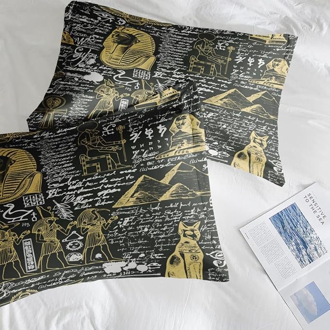 Comforter Set King Size, Retro Egyptian Egypt 7 Pcs Bedding for Kids and Adults, God Pharaoh Abstract Bed Sheet Sets with Fitted Sheet 2 Pillowcases & 2 Shams for Bedroom Bed Decor