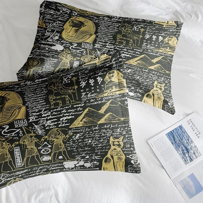 Comforter Set King Size, Retro Egyptian Egypt 7 Pcs Bedding for Kids and Adults, God Pharaoh Abstract Bed Sheet Sets with Fitted Sheet 2 Pillowcases & 2 Shams for Bedroom Bed Decor