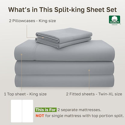 California Design Den Split King Sheet Set - 100% Cotton, 600 Thread Count, Breathable Luxury King Size Sheets for Adjustable Bed, Luxury Hotel-Quality Sheets with Soft Sateen Weave - Light Grey