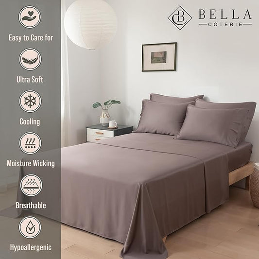 Bella Coterie 6 Piece Luxury Bamboo Viscose King Size Sheet Set | 100% Organically Grown | Cooling for Hot Sleepers | 18" Deep Pocket | Soft & Hypoallergenic | 4 Pillowcases [Mocha]