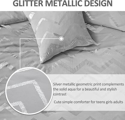 Menghomeus Grey and Silver Comforter Set King Metallic Print Geometric Bed Comforter 4 Piece Soft Microfiber Bedding for Teen Girls Boys Women (2 Pillow Shams + 1 Decorative Pillow Sham)