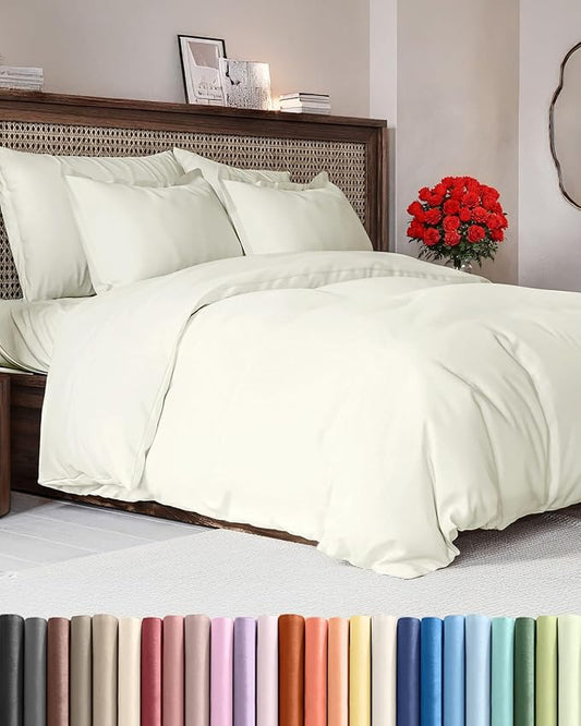Duvet Cover Cal King Size Set - Extra Soft Cal King Duvet Cover 104" x 98" with 2 Pillow Shams - Hotel Luxury, Easy Care & Fade Free with Zipper Closures & Ties - Comfy, Cozy and Breathable (Ivory)