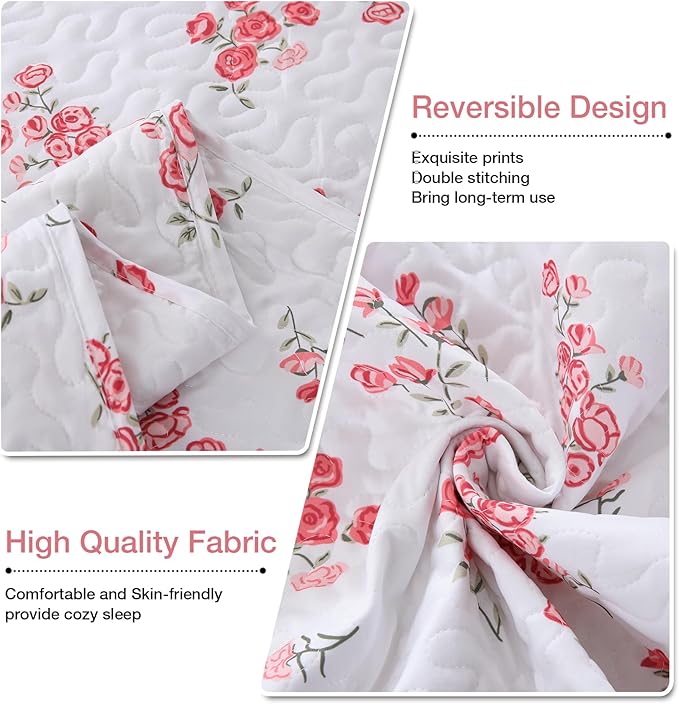 Pink Floral Quilt Set Queen Size - Reversible Shabby Chic Bed Quilts Lightweight Girly Bedding Bedspreads Quilted Coverlets with 2 Pillow Shams for All Seasons (90"×90")