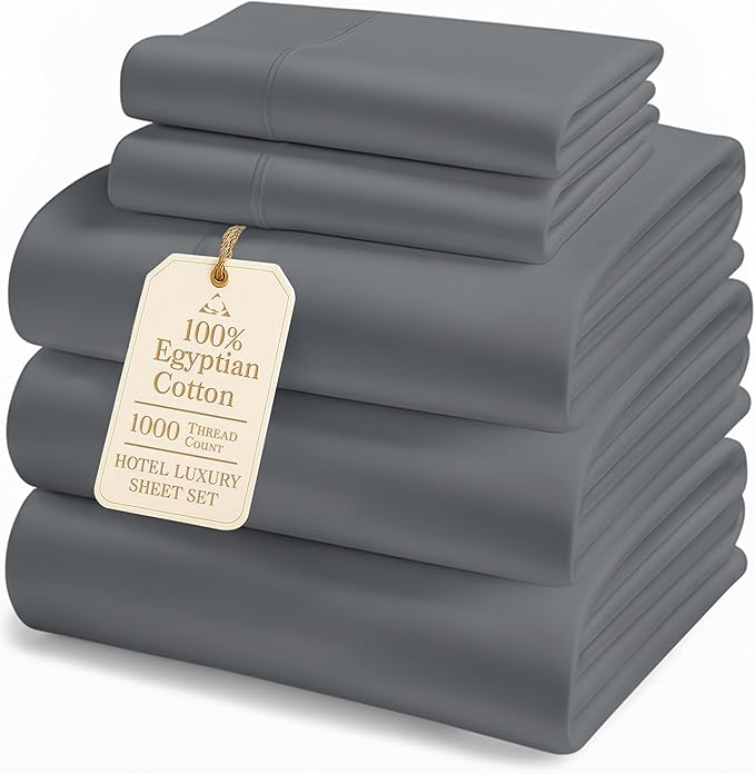 LANE LINEN 100% Egyptian Cotton Split King Sheets for Adjustable Beds - 1000 Thread Count, Soft & Comfy Sateen Weave Naturally Cooling Breathable Oeko Tex Certified Bed Sheets-Charcoal